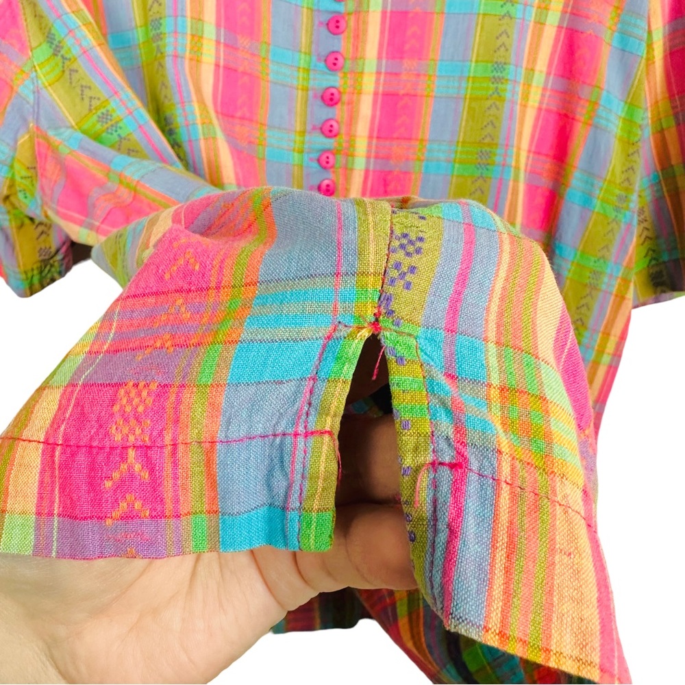 Vintage 80’s Cottagecore  Rainbow Plaid Short Sleeve Oversized Pullover Blouse - Picture 8 of 12